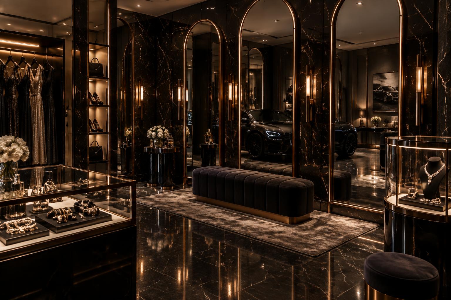 A dressing room of tall rose-gold mirrors and black marble, with a black luxury car reflected
