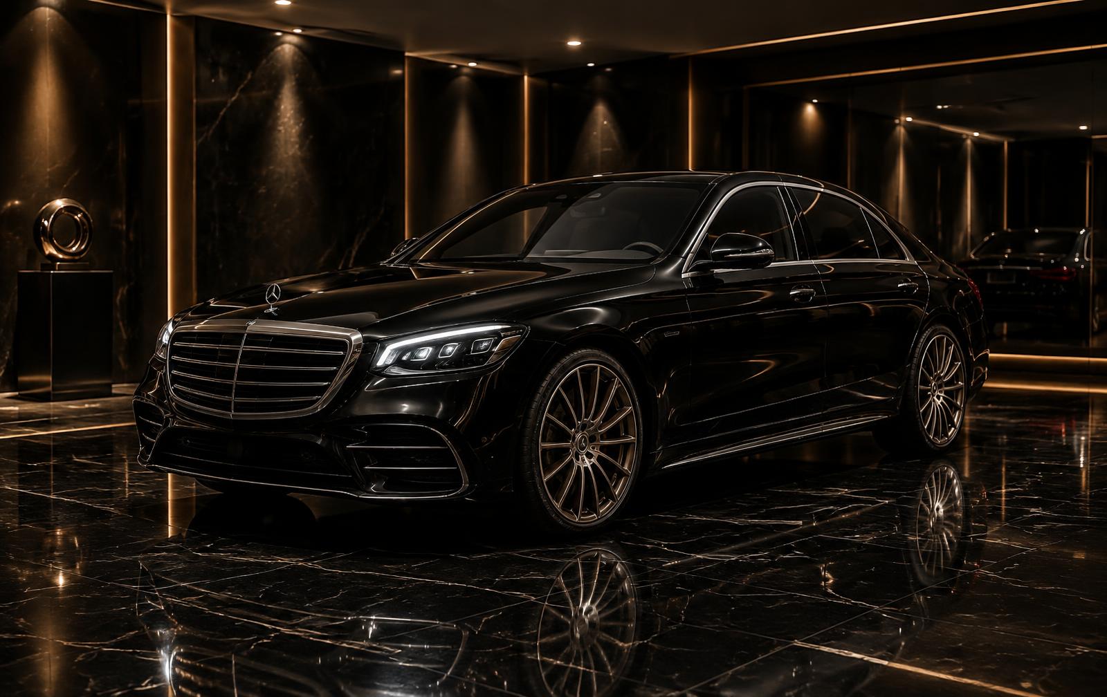Black luxury sedan in a dark marble garage with rose-gold lighting