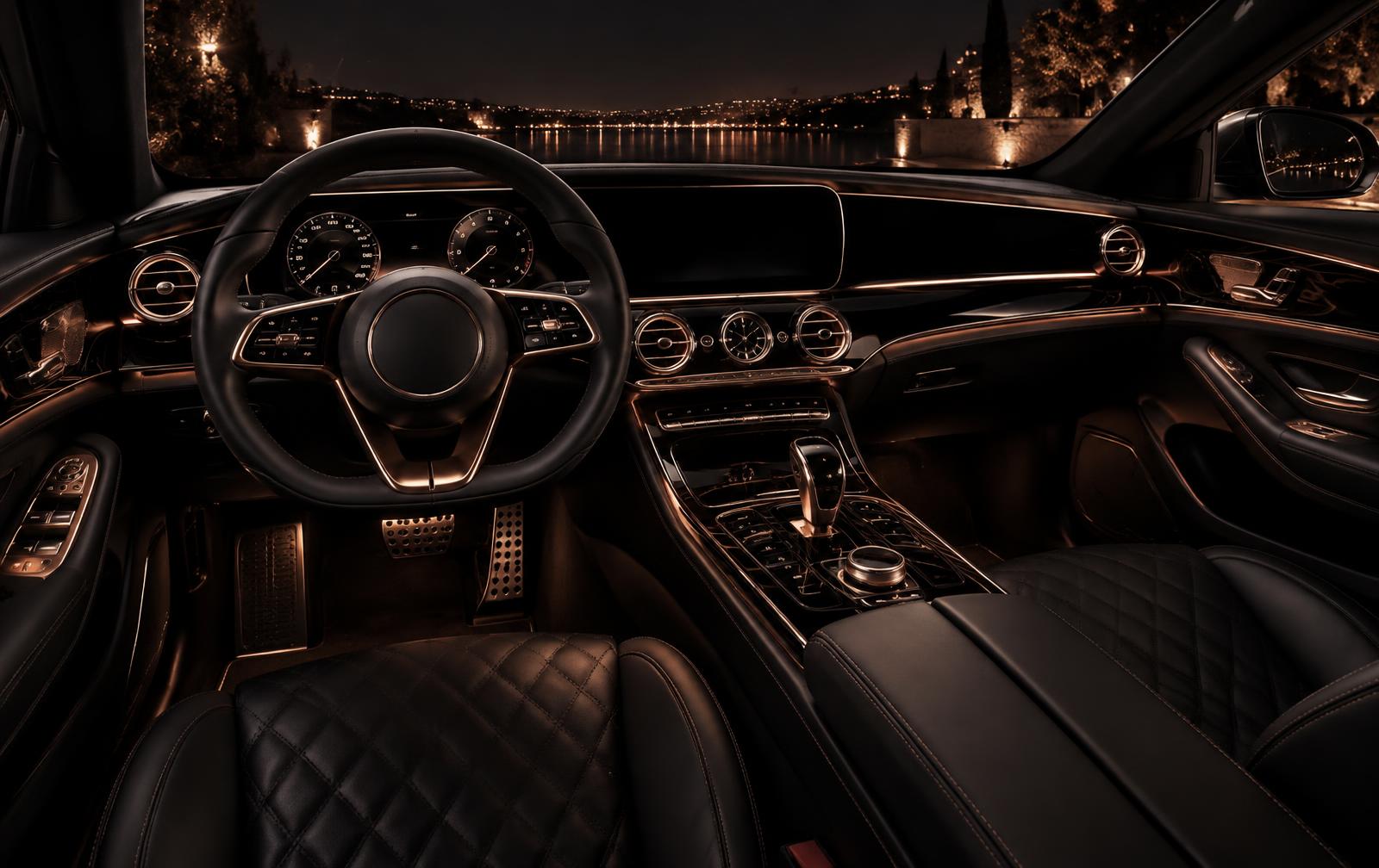 Black leather car interior with metallic rose-gold trim