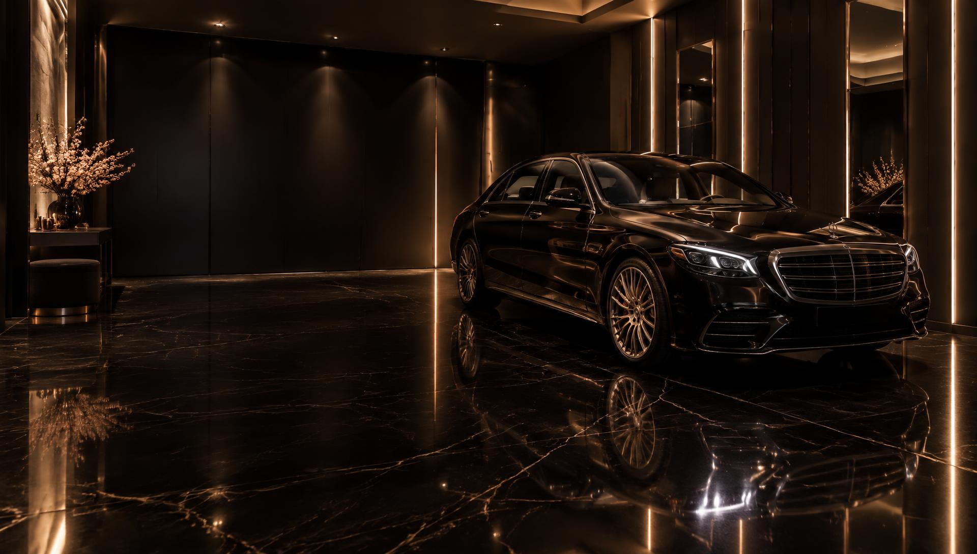 A black luxury car inside a glossy black marble garage lit by rose-gold light lines